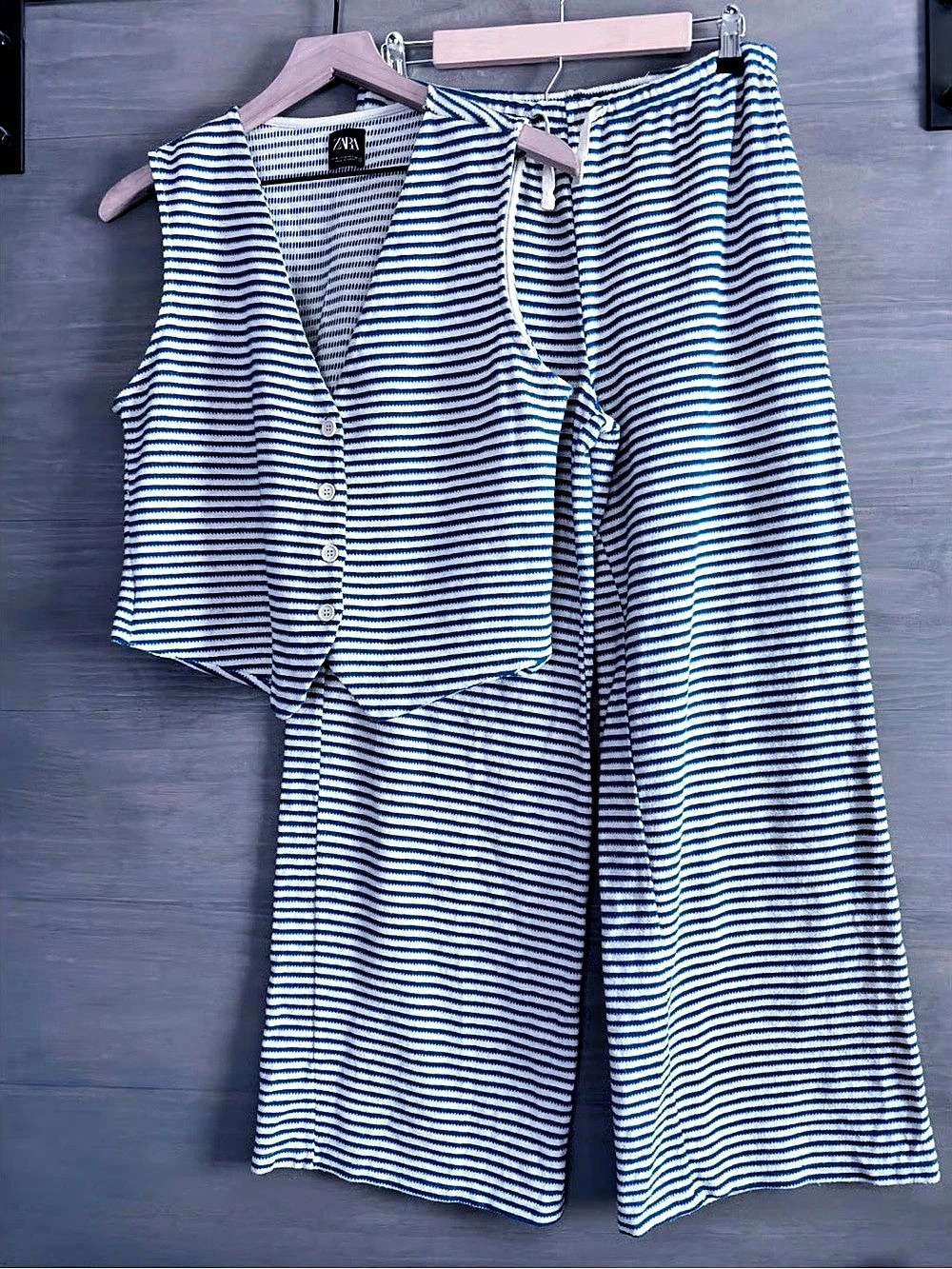 ZARA Striped Wide-Leg Two-Piece Set in Blue & White - Picture 2 of 6